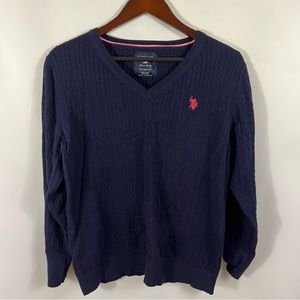 Navy Blue V-Neck Cable Knit Sweater